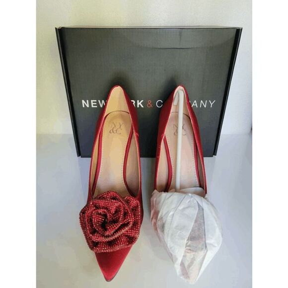 🌹 NEW YORK AND COMPANY Ilyana Red Rose Satin Pumps Heels SIZE 6 NEW IN BOX - Picture 12 of 16